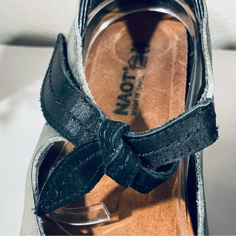 Naot Gray Distressed Leather Clogs Heels Hook & Loop Faux Tie Strap Closure |EUC
